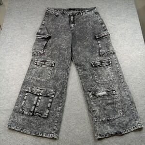 American Bazi Jeans Womens 1X Gray Acid Wash High Rise Wide Leg Cargo Stretch